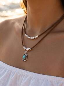 1 Set 2pcs Layered Hot-Selling Vintage Turquoise Necklace Korean Velvet Layered Dragonfly Alloy Hollow Water Drop Pendant Necklace - Multicolor - View 3