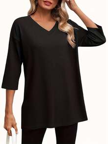 3pcs Plus Size Solid Color V-Neck Short Sleeve Casual Tops, Fashion Spring/Summer New Loose Fit Side Slit Mid-Length T-Shirts For Women, Versatile Streetwear Daily Outing Style - Black+White+Dark Grey - View 3