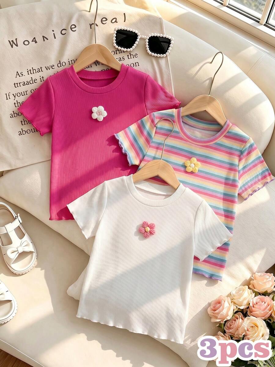 3pcs/Set Young Girl Casual Ribbed Short Sleeve Floral Top + Colorful Stripe Short Sleeve - Hot Pink - View 1