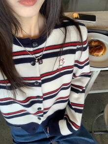 Vintage Colorblock Striped Loose Short Slimming Long Sleeve Knit Cardigan For Women - White - View 5