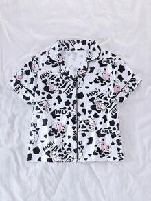 2pcs/Set Tween Girl Cute Casual Cartoon Cow Print Polo Collar Short Sleeve Cardigan And Shorts Pajama Set, Flame Retardant, Suitable For Boys And Girls - Multicolor - View 4