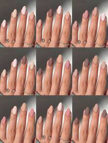 288 piezas/Set (12 colores surtidos) Uñas postizas ovaladas cortas, Uñas marrones, Uñas caqui, Set de uñas color té con leche, Puntas de uñas acrílicas color café cálido para otoño/invierno - Multicolor - Ver 2