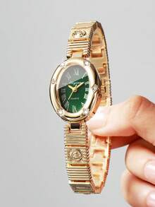 Women's Bracelet Watch Oval Dial With Rhinestones And Roman Numerals, Elegant Quartz Watch, Gift For Girlfriend (1pc/Set) Watch Box Not Included - Gold - View 3