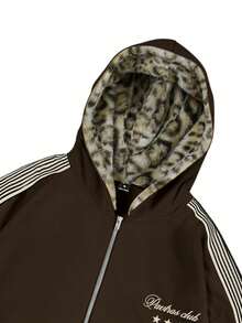 Men's Leopard Print Lining Hooded Zip-Up Jacket With Side Stripes, Loose Oversized Vintage Y2K Streetwear Style Warm Coffee Color Hooded Coat With Pockets - Coffee Brown - View 7