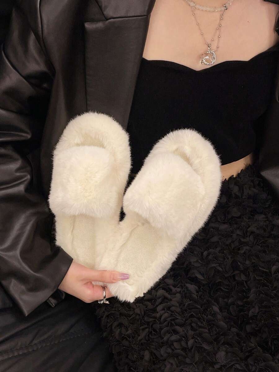 Women's Daily Plush Slip-On Slippers, Hollow Heel, Easy To Put On And Take Off, Casual Style - Beige - View 1