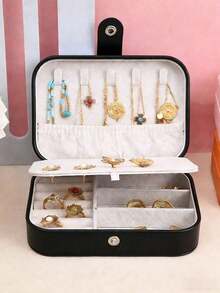 Portable Travel Jewelry Organizer Box, Suitable For Displaying Earrings, Necklaces, Pendants And Rings; Equipped With Double-Layer Ring Storage Area And Zippered Snap-Seal Compartment, Practical Storage Solution - Multicolor - View 9