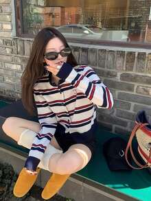 Vintage Colorblock Striped Loose Short Slimming Long Sleeve Knit Cardigan For Women - White - View 1