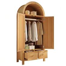 Wardrobe 181x78x45 Cm With Rattan Weave, Country Style In Oak Finish, Open Semi-Circular Shelf, 2 Doors With Magnetic Closure, 2 Drawers, Clothes Rail And Tip-Over Protection - 駝色 - 查看 10