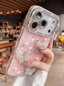 1PC 3D Pearl Butterfly Phone Case For 17 Pro Max, Super Cute New Style 16 Pro/15 New 14 Pro With Rhinestone Lens Film Full Coverage Anti-Drop 13/12 Creative Premium Protective Shell 11 - Pink - Pearl Butterfly - View 1