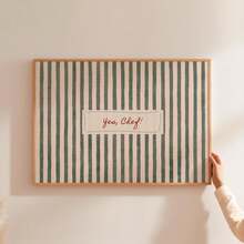 1pc Unframed Green White Vertical Stripe Canvas Wall Art, Yes Chef Red Cursive Text Label Print, Vintage Striped Farmhouse Typography Decor For Kitchen Dining Room Home Wall Gift - A - View 3