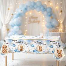 1/3PCS Disposable Plastic Table Cover, 51*86 Inch Rectangular Tablecloth, Cute Cartoon Elephant & Bear Pattern Decorated With Clouds, Stars And Blue Roses, Lue Animal Design, For Shower Party, Gender Reveal Gathering, Table Setting Supplies - Blue Teddy Bear - View 4