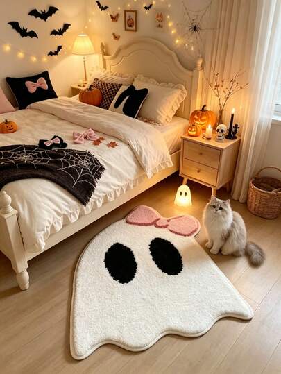 1pc Pink Bow Ghost Shaped Doormat, Welcome Mat, Carpet, Floor Mat, Halloween Mat, Bedroom Rug, Area Rug