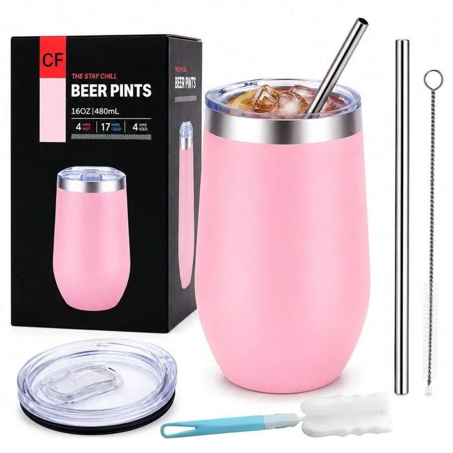 Termo 16oz(480ml) Acero Inoxidable, Antifugas, Incluye Popotes, Cepillo y Esponja, Vaso Termico Para Cerveza, Te Helado, Cafe, Chocolate, Termo Para Bebidas Calientes y Frias - Rosa - Ver 1