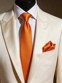 1 Set Dasi Satin Pria Warna Polos 8cm dan Sapu Tangan Saku, Set Dasi dan Sapu Tangan untuk Bisnis - Coral Orange - View 3