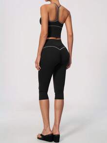 NcmRyu Women's One Set Contrast Color White Line Spaghetti Strap V-Neck Y-Back Tank Top & Butt-Lifting Mid-Length Shorts Sports Set - Black - View 10
