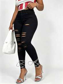 Women's Black Distressed Slim Fit Jeans, Casual Long Pants With Pockets And Zipper, Medium Stretch - Black - View 5