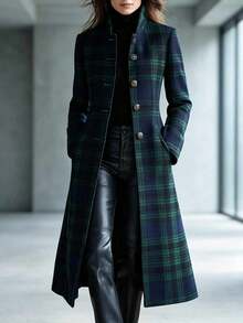 Ladies' Autumn And Winter Scottish Plaid Stand Up Collar Long Coat, Retro Single Breasted Slim Casual Jacket KORTNEY12 - Green - View 1