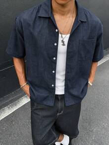 HOMIIE Men Navy Blue Boxy Short Sleeve Shirt, Chest Pocket, Button Up Casual Streetwear Top For Spring, Autumn, Daily, Vacation And Back To School - Navy Blue - View 3