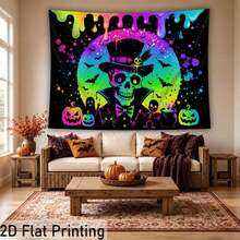 2D Flat, 1pc QD_VIVIOS Halloween Skeleton And Pumpkin Pattern Fluorescent Art Tapestry, UV Fluorescent Reactive Wall Hanging, Bedroom Decor - Multicolor - View 4