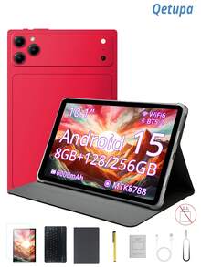Qetupa Tablet Android 15 inci 10,1 inci dengan casing, keyboard, dan stylus, RAM 8GB dan penyimpanan internal 128GB/256GB (mendukung ekspansi 1TB), layar sentuh 1280x800, kamera depan 5MP dan kamera belakang 13MP, baterai 6000mAh (adaptor pengisi daya tidak termasuk). - Burgundy - View 1