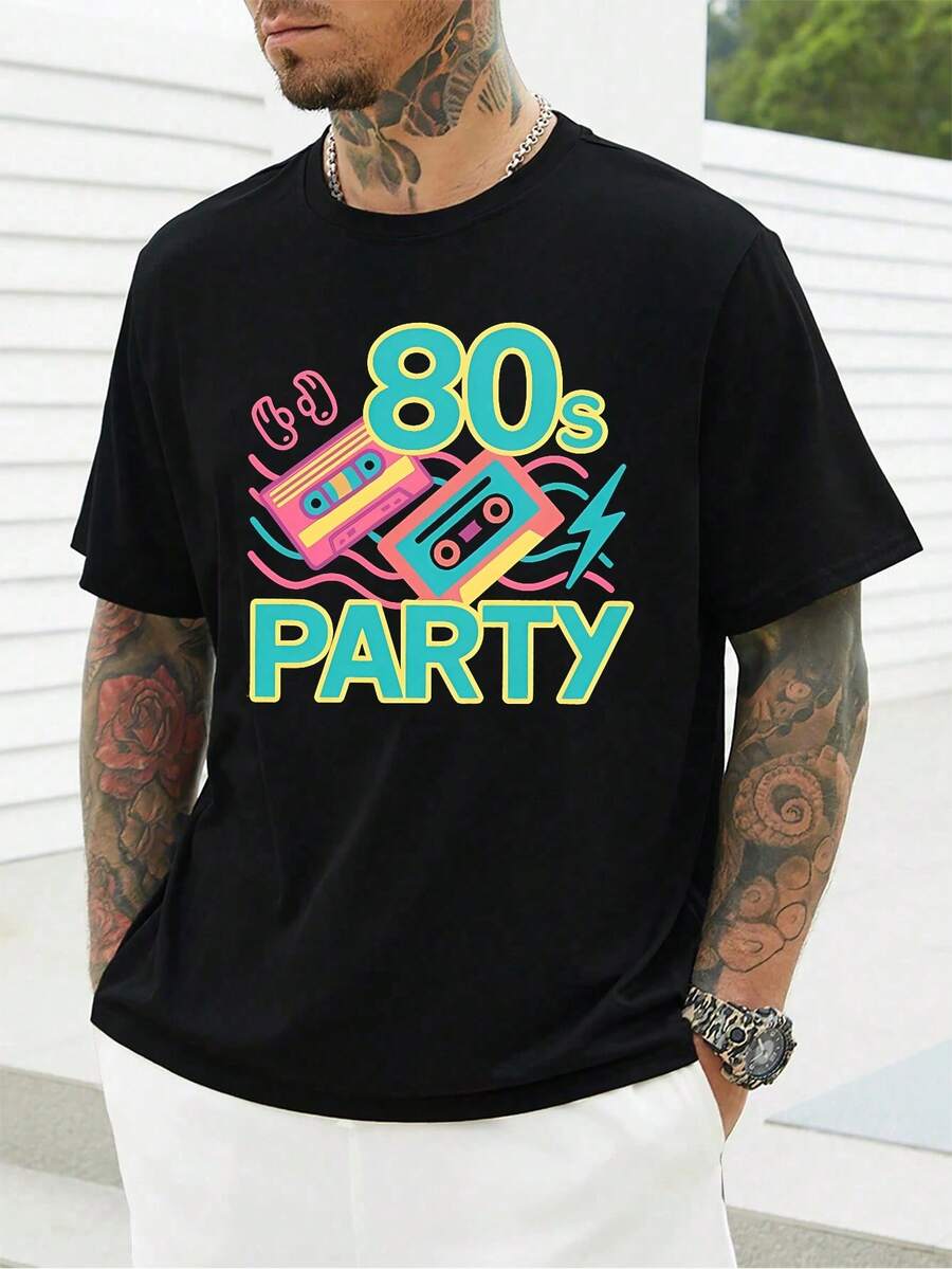 80's Retro Cassette Tape Print T-Shirt, Crew Neck, Loose Fit, Casual, Comfortable, Art Print. - Black - View 1