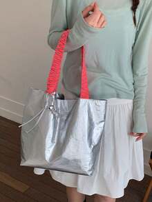 Niche Pleated Shiny Tote Bag, Neon Contrast Woven Handles, Eye-Catching Design, Side Drawstring Adjustable Shape, Large Capacity, Suitable For Daily Commute And Street Photography, Hot Girl Style - Silver - View 2