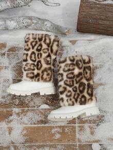 1 Pair Autumn/Winter New Random Leopard Print Decor Casual Fashion Round Toe Mid-Calf Back Zipper Design Girls' Boots - White - View 7