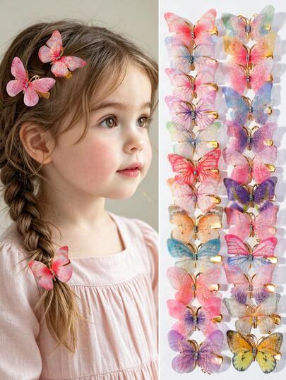 20pcs Kids Girls Colorful Fairy Double Layer Mesh Rhinestone Butterfly Hair Clips, Cute Gradient Butterfly Hair Clips, Hair Accessories, Hair Clips, Side Clips, Back To School, Daily Use