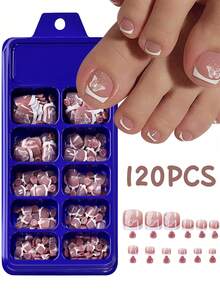 24 Stück französische Farbverlauf Nude-Rosa Schmetterlingsmuster quadratische Press-On Zehennägel, Press-On Pediküre, wiederverwendbare DIY Zehennagelspitzen für Frauen, Sommer Fußnagelkunst Dekoration, Nagelbedarf für Zuhause und Salon - Verschiedenfarbig - Übersicht 1