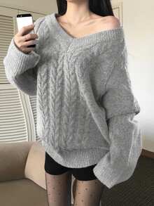 Women's V-Neck Long Sleeve Loose Cable Knit Casual Sweater - Light Grey - View 8