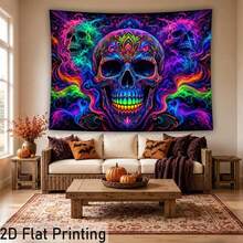 2D Flat, One-Piece QD_VIVIOS UV Fluorescent Reactive Tapestry, Suitable For Halloween, Featuring Skull And Mandala Patterns, A UV Blacklight Wall Hanging That Glows Under Ultraviolet Light - Multicolor - View 4