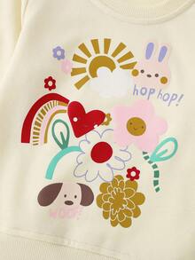 Girls Round Neck Long Sleeve Sweatshirt Rabbit Puppy Rainbow Flower Sun Print Loose Casual Pullover Sweatshirt For Toddlers And Young Children - Apricot - View 5
