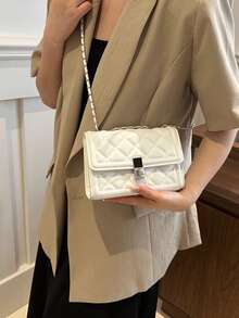 Túi đeo vai xích vuông chần bông màu trơn Hevel Fashion, ví cầm tay dạ tiệc đa năng, túi xách ví nhẹ kiểu mới, phù hợp đeo chéo đi làm hàng ngày, phù hợp cho nhân viên văn phòng và học sinh, ví đựng tiền xu phong cách thường ngày - trắng - Xem 6