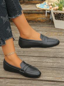 Women's Casual Round Toe Slip-On Loafers, Black Lychee Textured Flat Shoes, Soft Comfortable Easy-On Daily Commute Driving Moccasins - Black Lychee Pattern - View 4