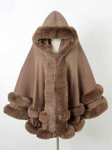 1PC Acrylic Knitted Fabric European And American Autumn And Winter New Faux Rabbit Fur Collar Hooded Hem Fringed Shawl Cape Extended Coat - Multicolor - View 1