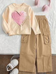 This Apricot Sweatshirt With Creative Heart Combination Pattern Paired With Khaki Cargo Pants Is Fashionable And Versatile, Perfect For Tween Girlsand Teenagers. The Simple Yet Stylish Design Makes It An Ideal Choice For Casual Everyday Wear, Especially Suitable For Autumn And Winter - Apricot - View 3