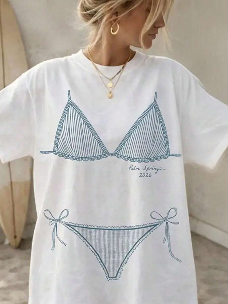 Camiseta Oversize con Estampado de Bikini para Fiesta de Solteras RodyThread, para Mujeres, Novias y Damas de Honor, Estilo Coqueta Costera, Preppy, Estética de Playa, Mezcla de Algodón Blan - Negro - Ver 1
