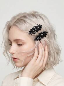 2pcs Black Rhinestone Leaf Spring Hair Clips, Vintage Dark Style Side Bangs Clips, Alloy Rhinestone Studded Hair Accessories - Black - View 2