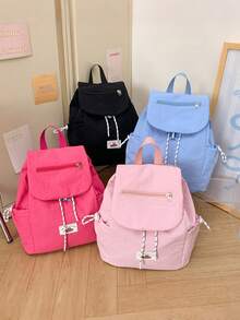 1 pieza Mochila de estudiante con colgante de peluche de unicolor y cordón, gran capacidad, mochila ligera para uso diario en el campus, accesorio de moda, adecuada para niñas/adolescentes/estudiantes, aplicable para escuela, trabajo, uso diario, viajes - Multicolor - Ver 3