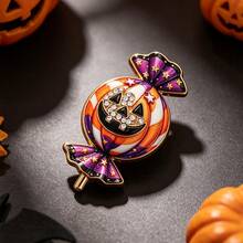 1pc Cute Halloween Pumpkin Candy Glass Brooch, Rhinestone Devil Lantern Pin, Halloween Party Fashion Accessory Gift, Metal Enamel Candy Pumpkin Rhinestone Brooch, Fun Halloween Theme Accessory, Can Decorate Clothing And Bags, Suitable As Holiday Gift Small Present - Multicolor - View 4
