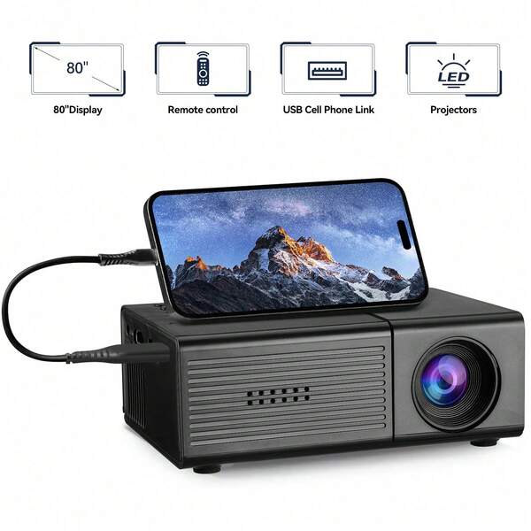 迷你便攜式投影機，支援 Full HD 1080P，內建喇叭，適用於智慧型手機，相容 USB/隨身碟，相容於 /，緊湊型行動電影投影機，適合劇院、戶外電影，禮品（不含插頭）