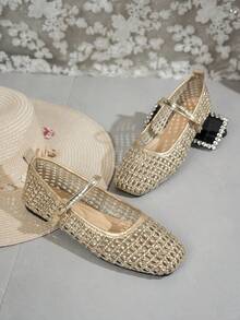 Women's Casual Woven PU Square Toe Comfortable Mary Jane Ballet Flats - Gold - View 5