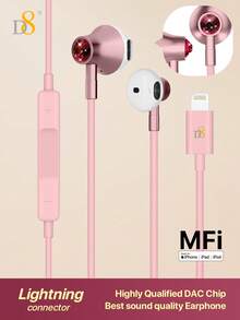 D8 1pc MFi Certified Lightning Earphones, Noise Isolating, With Built-In Remote Control For Music, Calls And Volume, Compatible With IPhone 14/13/12/11/XR/XS/X/8/7/SE/Pro/Pro Max - Pink - View 15