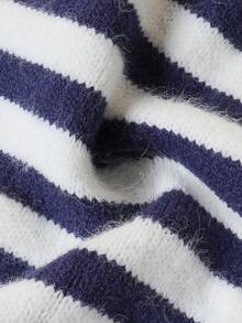 Women's Soft Knit Striped Faux Wrap Cardigan Style Sweater, Round Neck Faux Button Detail Ribbed Hem Short Knit Top - Navy Blue - View 5