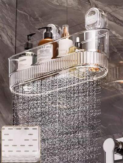 1pc Large Suction Cup Wall-Mounted Storage Rack, No-Drill Kitchen Spice Organizer, Plastic Bathroom Organizer Shelf For Home