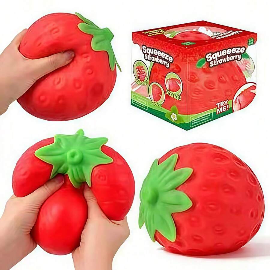 1pc Stretchable Squeezable TPR Strawberry Stress Relief Toy, Cartoon Bright Red Strawberry With Green Stem Detail, Palm-Sized Sensory Toy, Birthday Party Gift Bag Filler - Multicolor - View 1