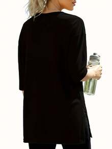 3pcs Plus Size Solid Color V-Neck Short Sleeve Casual Tops, Fashion Spring/Summer New Loose Fit Side Slit Mid-Length T-Shirts For Women, Versatile Streetwear Daily Outing Style - Black+White+Dark Grey - View 2