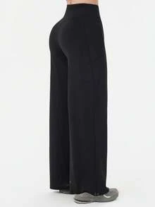 Women's Black High-Waisted Wide Leg Pants With Pockets - Spring & Summer Comfy Flowy Lounge Pants For Yoga, Workout & Daily Wear - Black - View 4