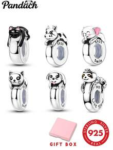 1pc S925 Sterling Silver Cute Pet Animal Spacer Bead, Cat Puppy Elephant Sloth 3D Lying Pose, With Adorable Engraving And Enamel Details, Comes With Exquisite Gift Box, Anti-Slip Positioning Design, Compatible With Basic Bracelets, Suitable For Handmade DIY Jewelry Making And Gifting - Multicolor - View 1