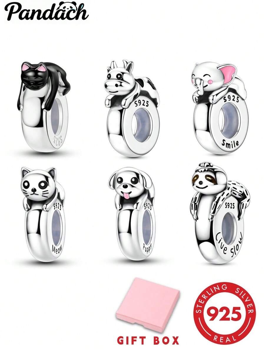 1pc S925 Sterling Silver Cute Pet Animal Spacer Bead, Cat Puppy Elephant Sloth 3D Lying Pose, With Adorable Engraving And Enamel Details, Comes With Exquisite Gift Box, Anti-Slip Positioning Design, Compatible With Basic Bracelets, Suitable For Handmade DIY Jewelry Making And Gifting - Multicolor - View 1